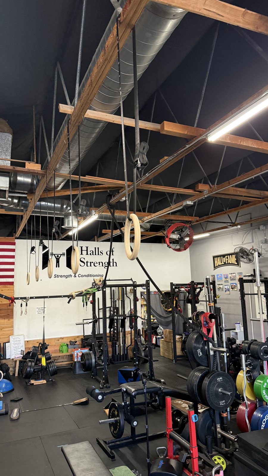 The Halls of Strength floor: racks, rings and the gym's sign on the back wall