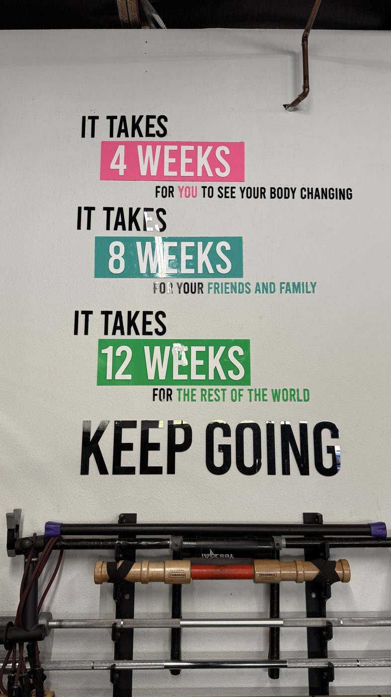 The wall at Halls of Strength: it takes 4 weeks, 8 weeks, 12 weeks, keep going
